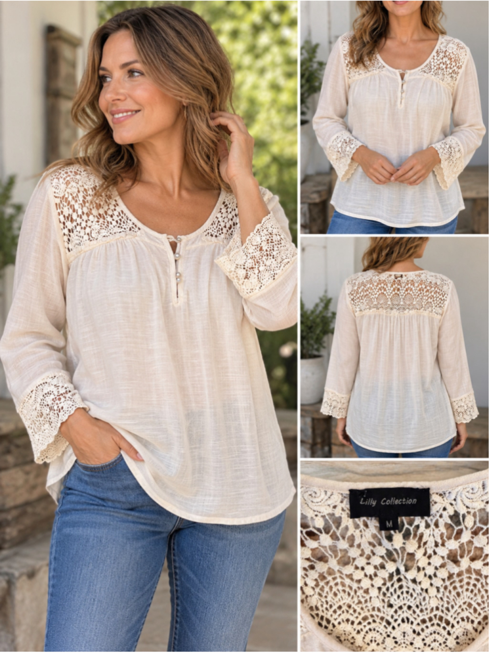 Women's Lilly Collection Beige Lace Detail Blouse Size M